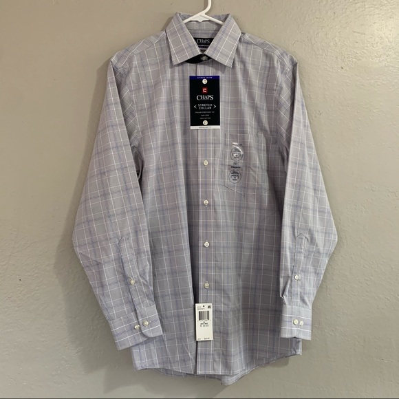 NWT Men’s CHAPS Blue & Gray Pattern Longsleeve Button Down Dress Shirt - Picture 1 of 9